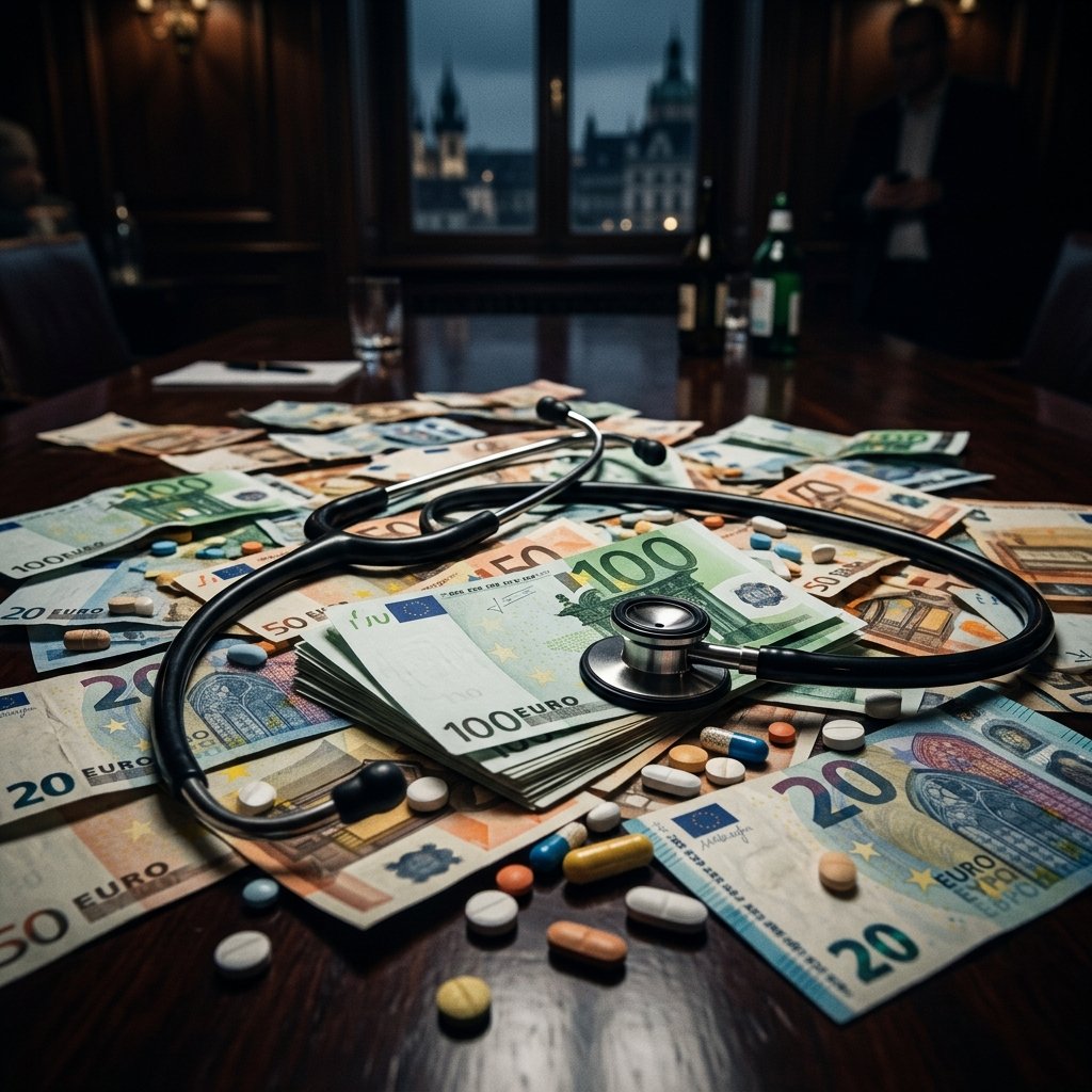 A highly realistic, professional photographic image of a modern European pharmaceutical and biotechnology research facility.