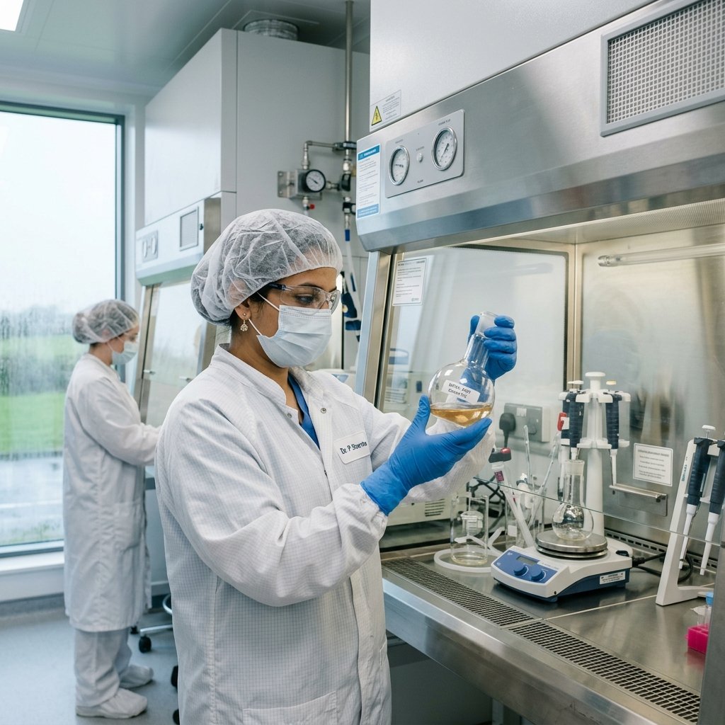 Indian female scientist working in an Irish biopharmaceutical laboratory