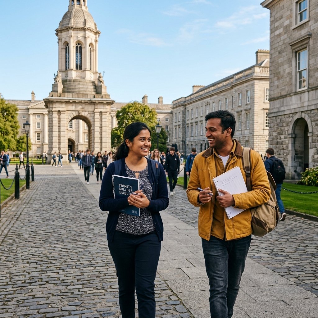Indian postgraduate students on Irish university campus in Dublin
